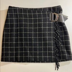 EUC Ralph Lauren Black Windowpane Mini Skirt with Buckle & Fringe
